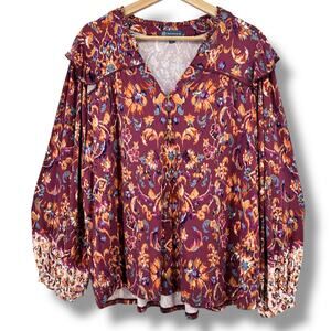 New Democracy Ruffle Collar Floral Print Knit Shirt Womens Size XL Berry Purple